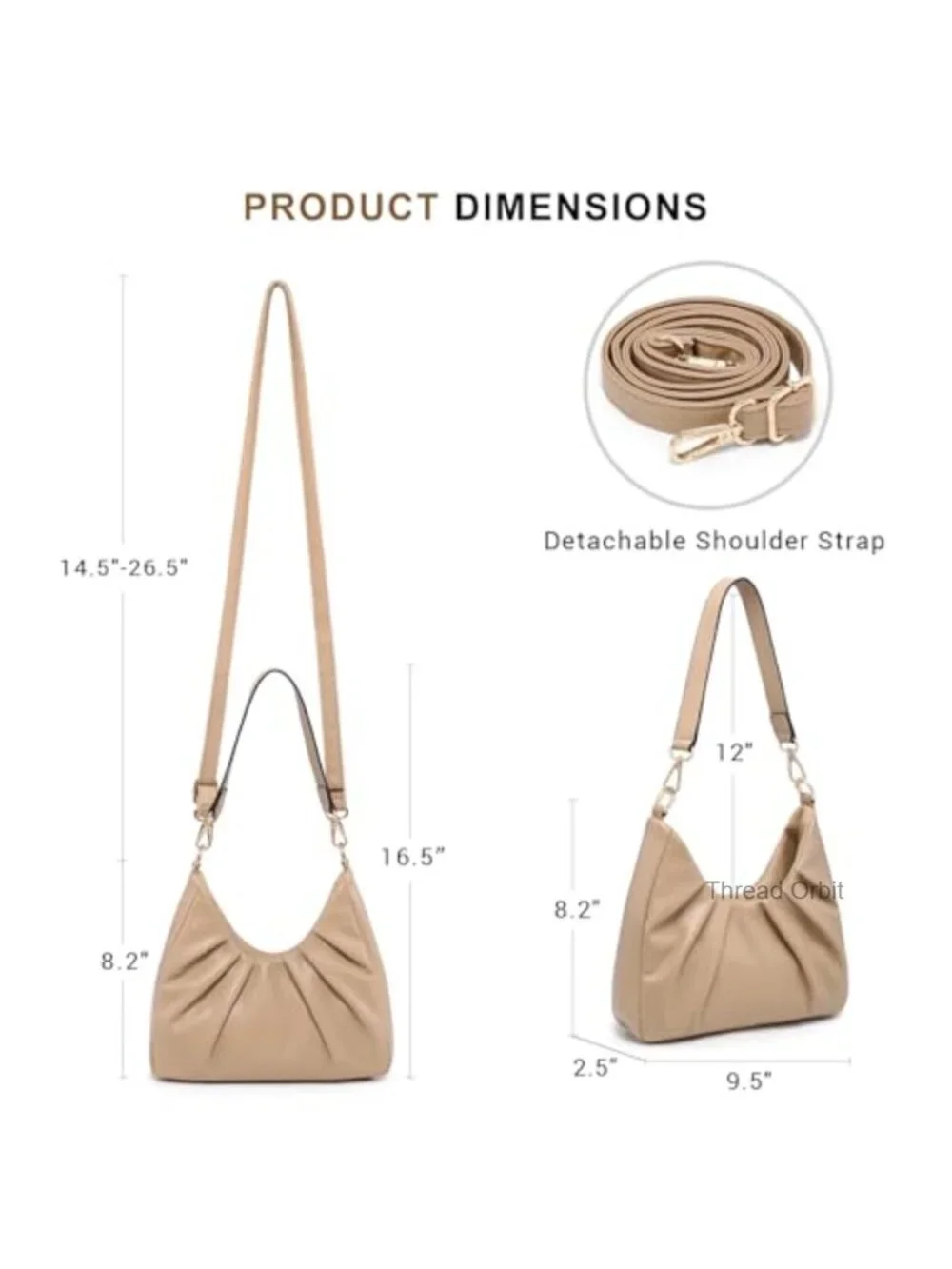 Ruched Hobo Handbag with 2 Removable Straps Crossbody Shoulder Purse